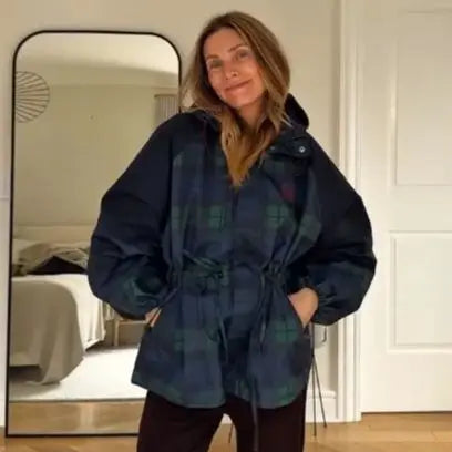 Women hooded plaid jacket drawstring waist blue green check pattern