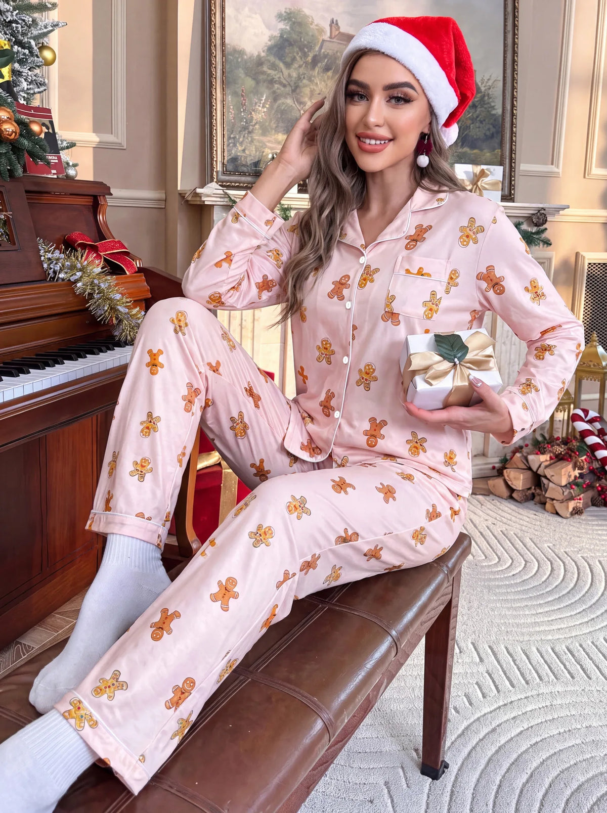Womens Christmas pyjamas 2 piece knit set long sleeve winter
