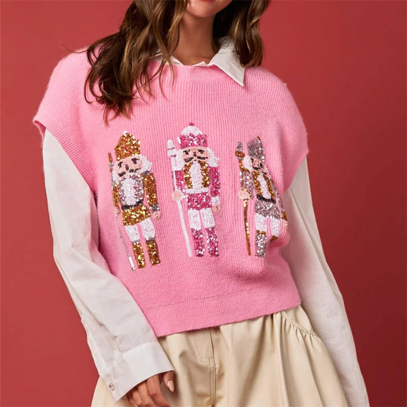 Christmas Jumper Vest | Womens Sequin Nutcracker Design, Festive Knitwear