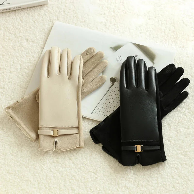 Women winter windproof touchscreen gloves thermal warm in black and beige