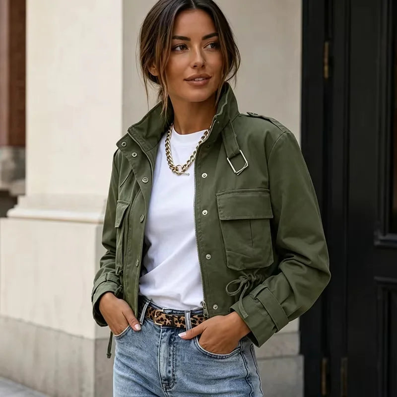 Women's Cargo Jacket | Short, Zipper & Large Pockets