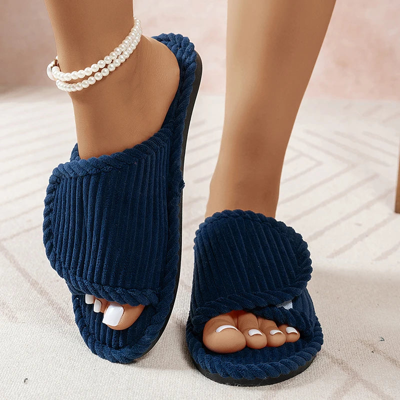Women's Slippers | Flat Heel, Open Toe, Corduroy | Comfortable Indoor