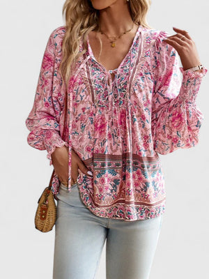 Women's Linen Blouse | Floral Boho, V-Neck Puff Sleeve