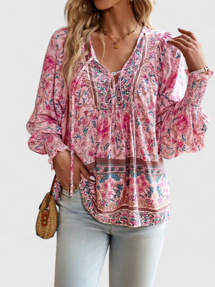 Women's Linen Blouse | Floral Boho, V-Neck Puff Sleeve