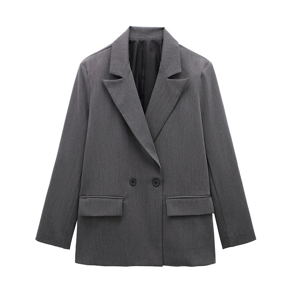 Women double breasted blazer long sleeve notch lapel with pockets