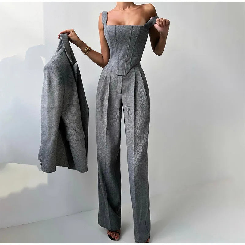 Women's Pants Suit | Corset Top, Blazer and Straight Pants