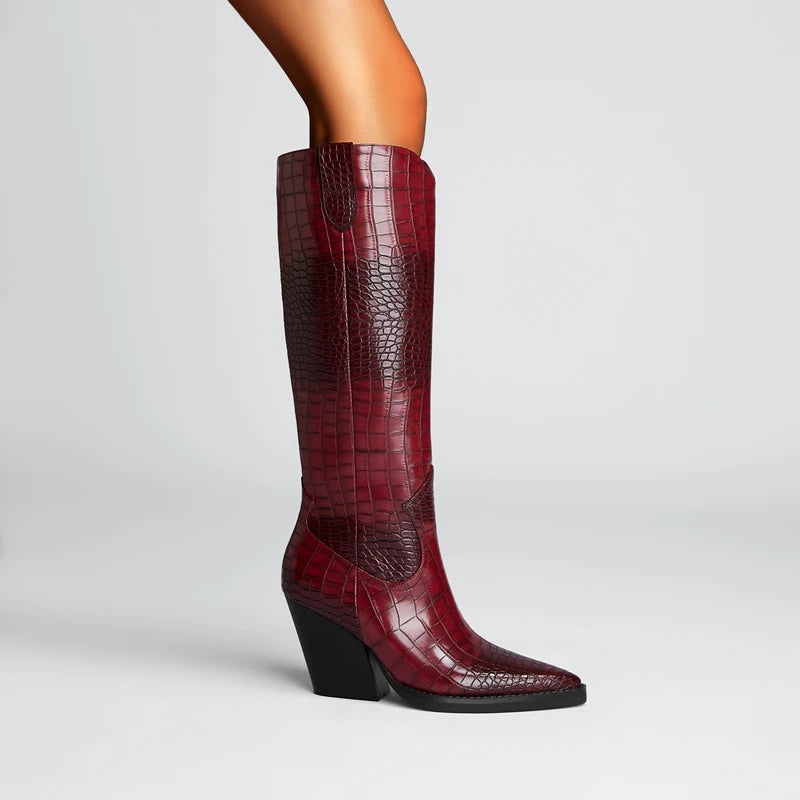Womens knee high cowboy boots with pointed toe, chunky heel and waterproof upper