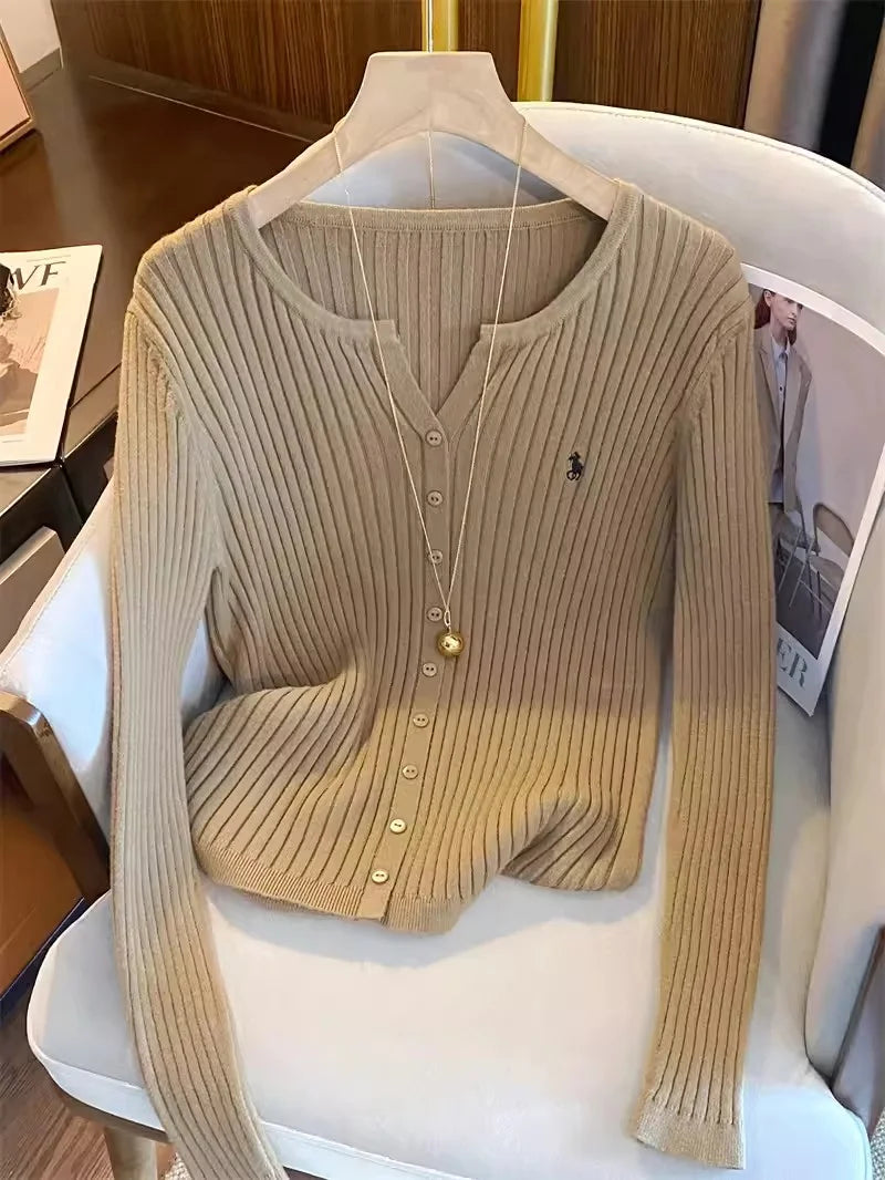 Women knit cardigan long sleeve Y2K embroidered sweater in black khaki white