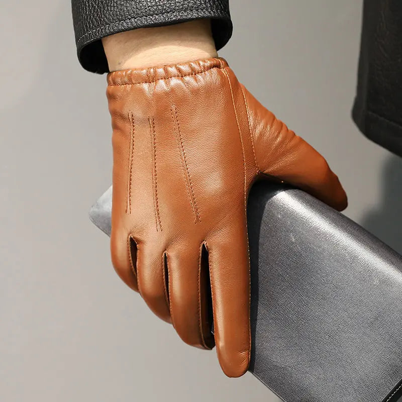 Men sheepskin leather winter gloves fleece lined driving style