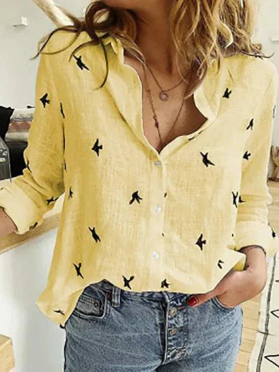 Women's Linen Blouse | Button-Down Bird Print, Long Sleeve