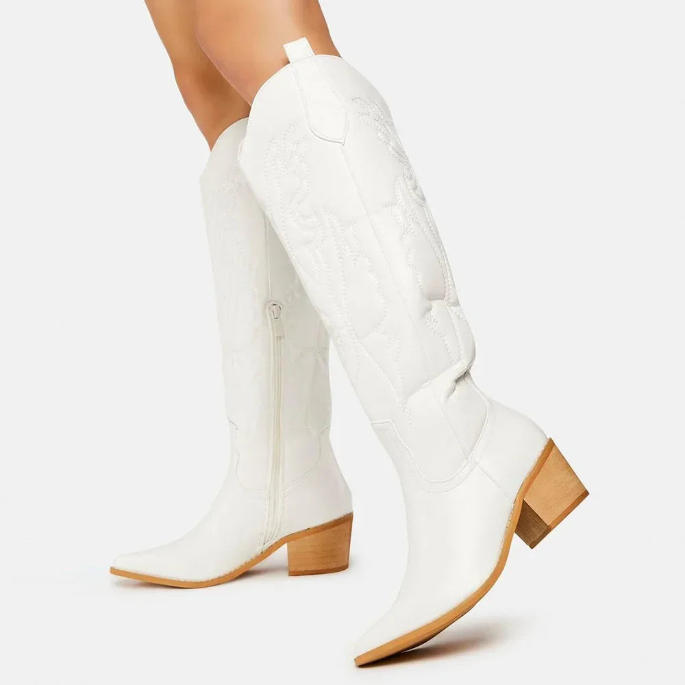 Womens knee high cowboy boots western with pointed toe and embroidered detail