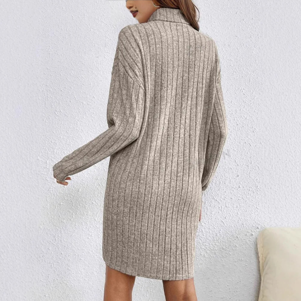 Women ribbed knit turtleneck mini dress long sleeve fitted silhouette
