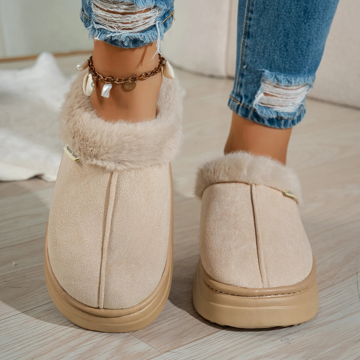 Women slipper boots fuzzy warm indoor anti-slip flat pull-on