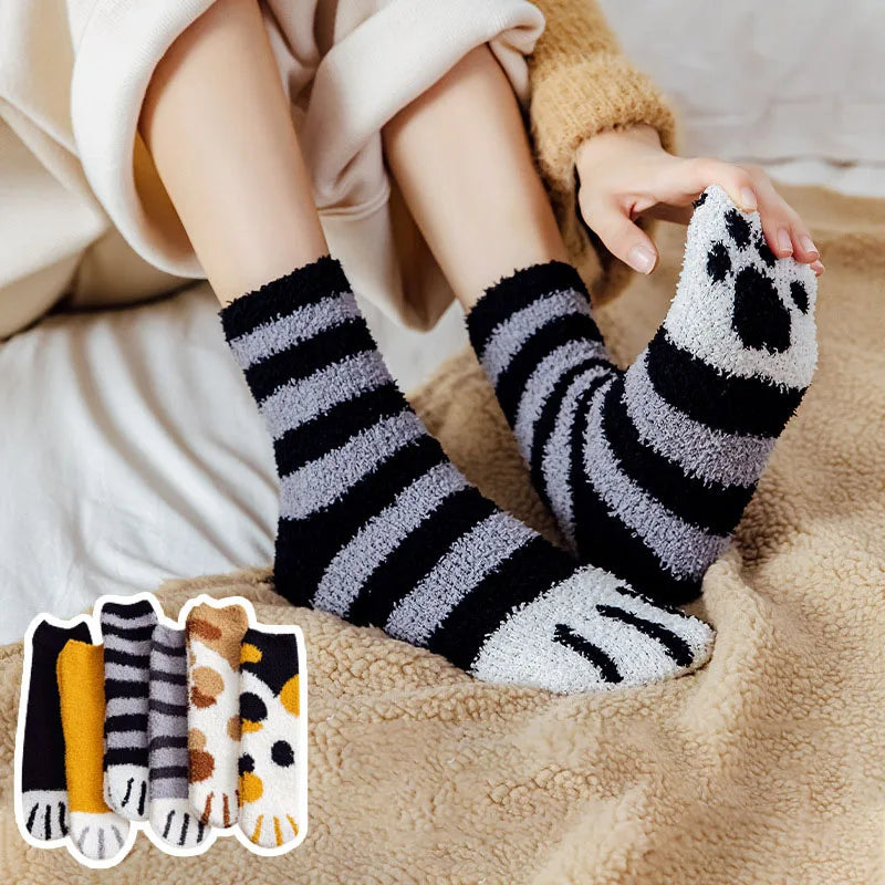 Teddy slipper socks women fuzzy cat paw design thick winter warm