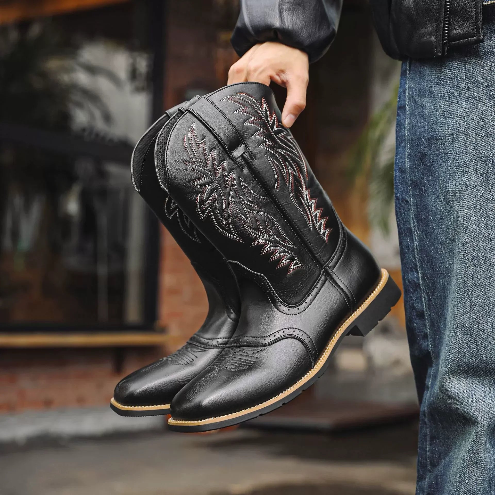 Men's Classic Embroidered Cowboy Boots - Mid-Calf - Square Toe