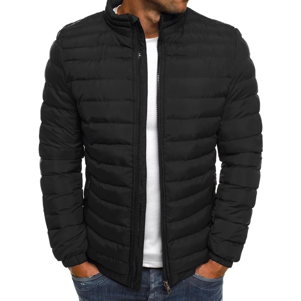 Mens puffer jacket stand collar winter padded, windproof thick warm build