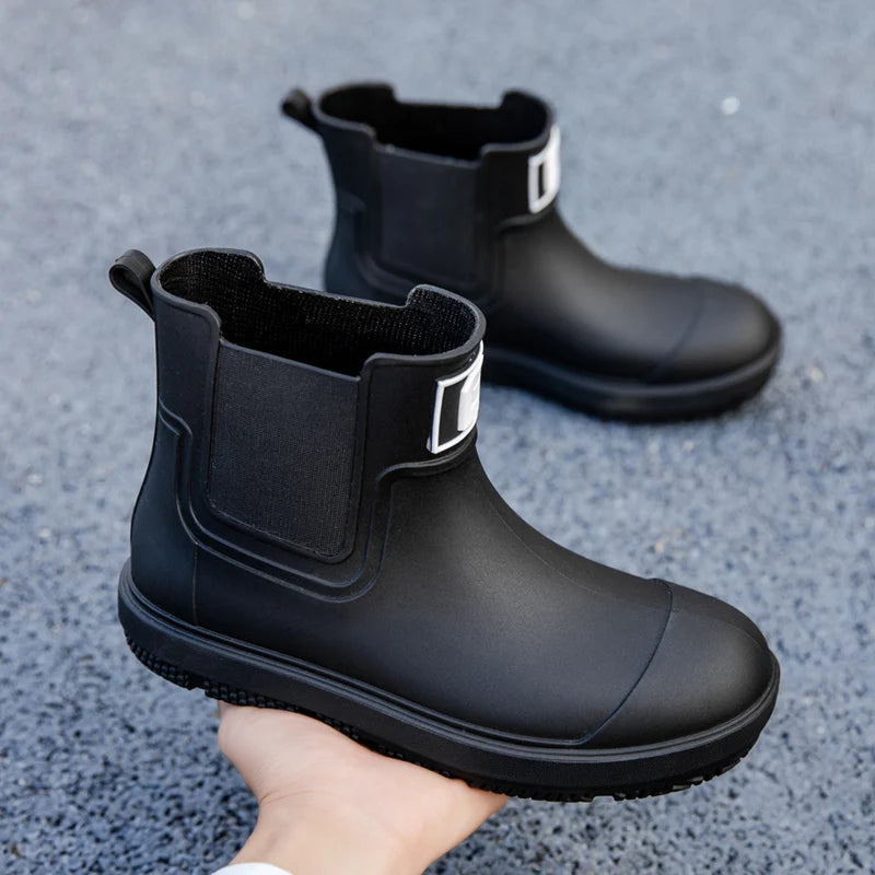 Men ankle rain boots slip on waterproof wellies non-slip outsole