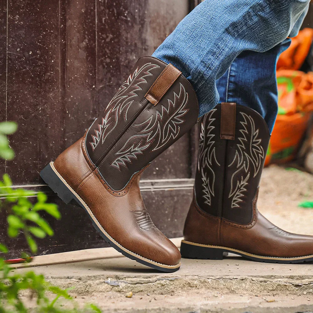 Men's Classic Embroidered Cowboy Boots - Mid-Calf - Square Toe
