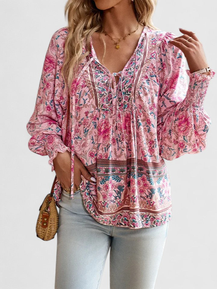 Women's Linen Blouse | Floral Boho, V-Neck Puff Sleeve