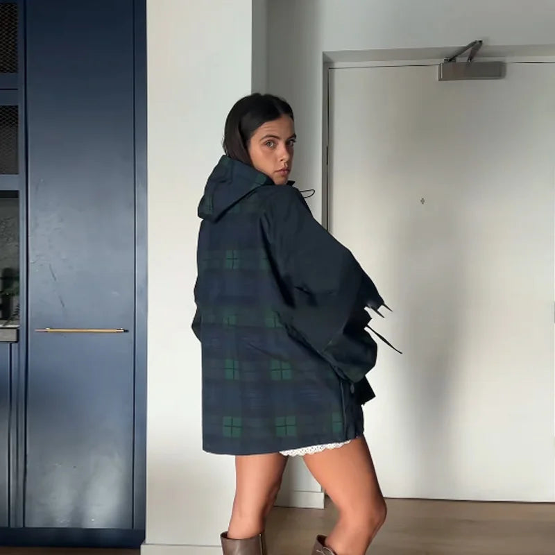 Women hooded plaid jacket drawstring waist blue green check pattern