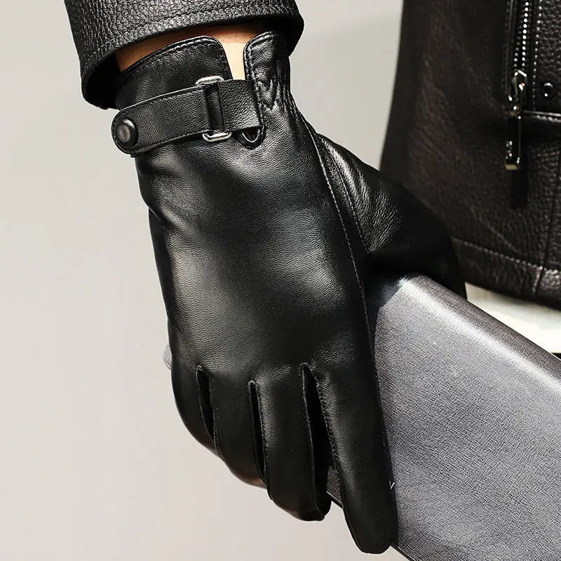 Men sheepskin leather winter gloves fleece lined driving style