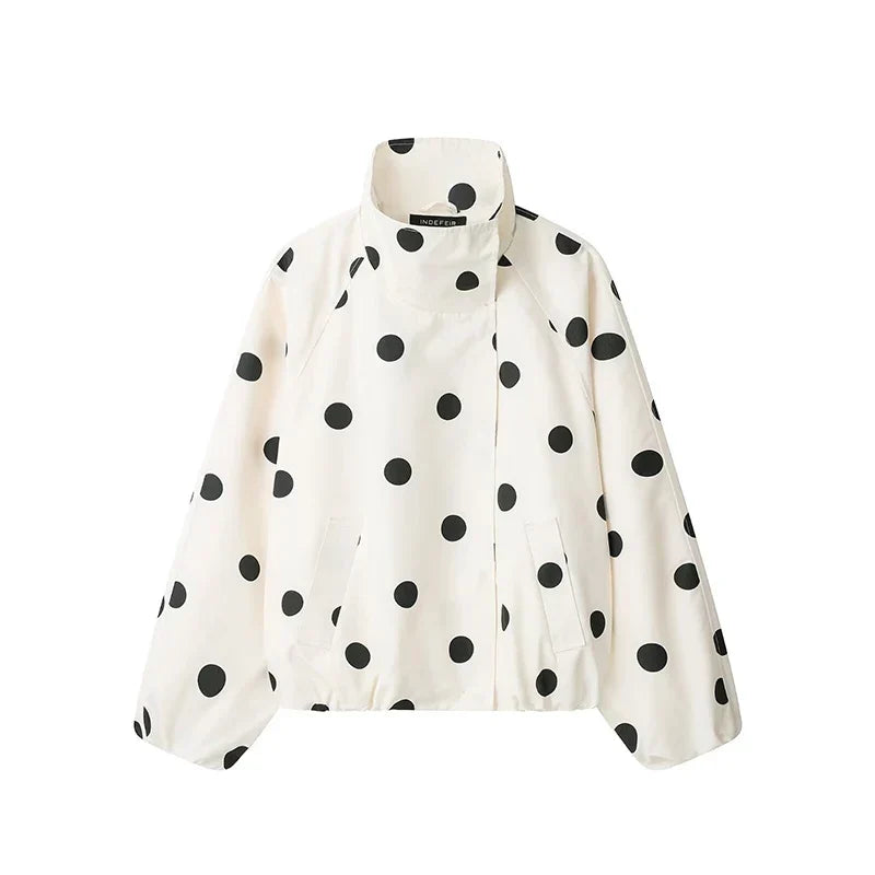 Women polka dot jacket high neck with front zip black white print