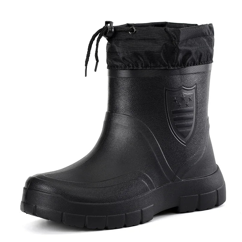 Men waterproof rain boots slip on low heel rubber outsole