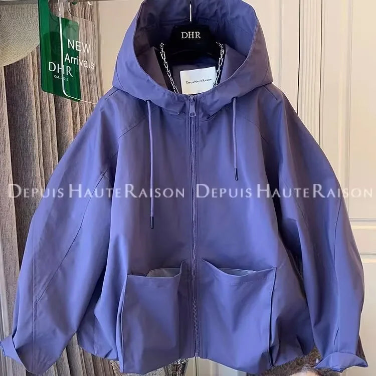 Women hooded zip up jacket relaxed fit with two front pockets