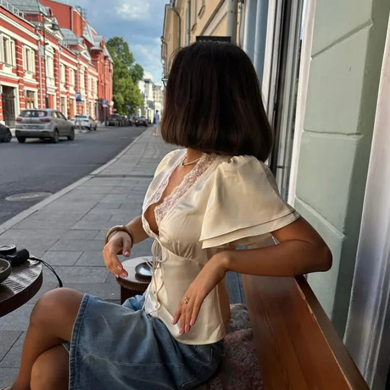 Women's Lace Top | V-Neck, Short Sleeves | Summer Satin Style