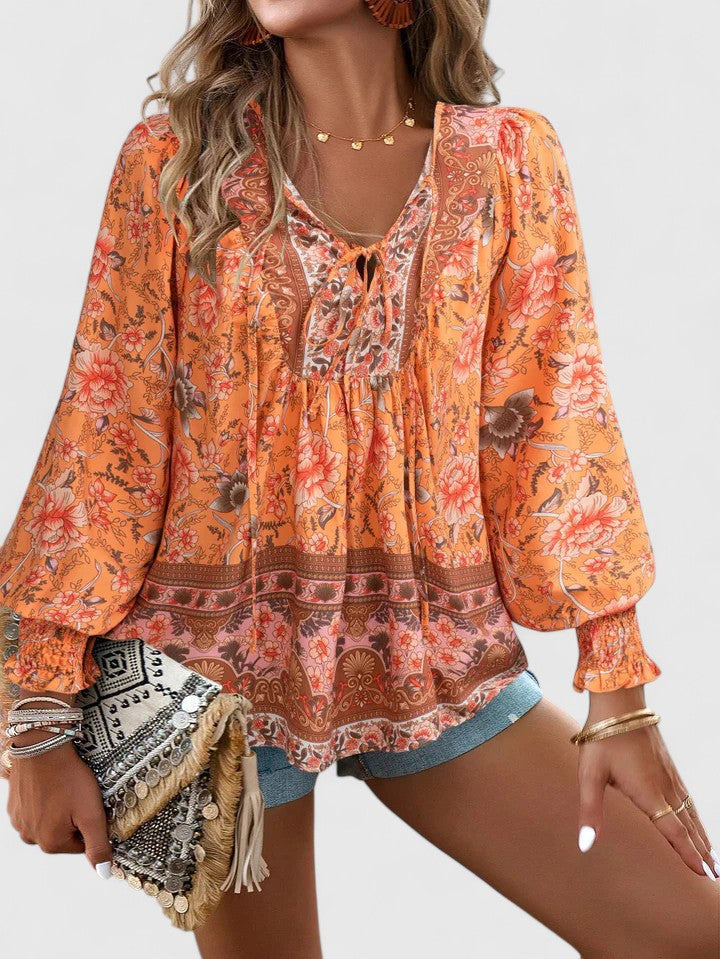 Women's Linen Blouse | Floral Boho, V-Neck Puff Sleeve