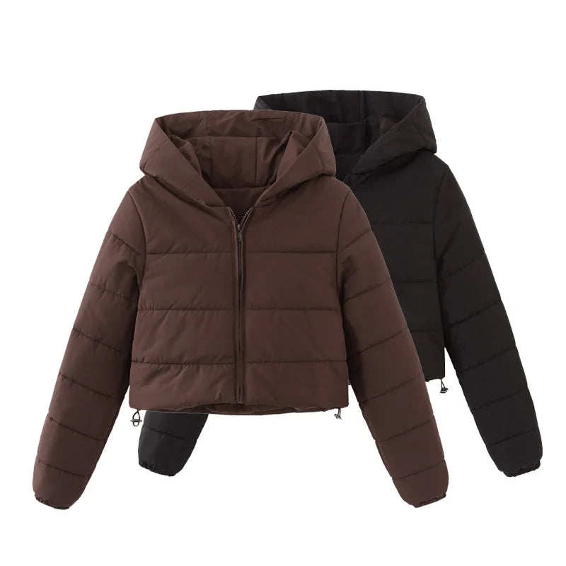 Women quilted cropped puffer jacket hooded loose fit stand collar full zip