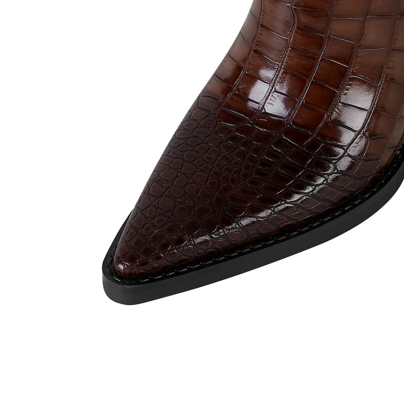 Womens knee high cowboy boots with pointed toe, chunky heel and waterproof upper