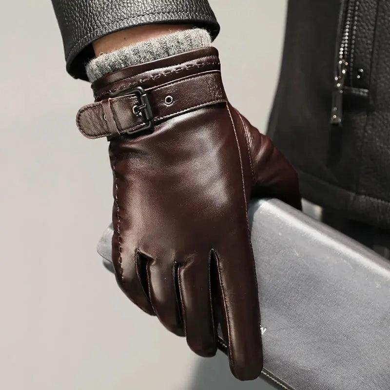 Men sheepskin leather winter gloves fleece lined driving style