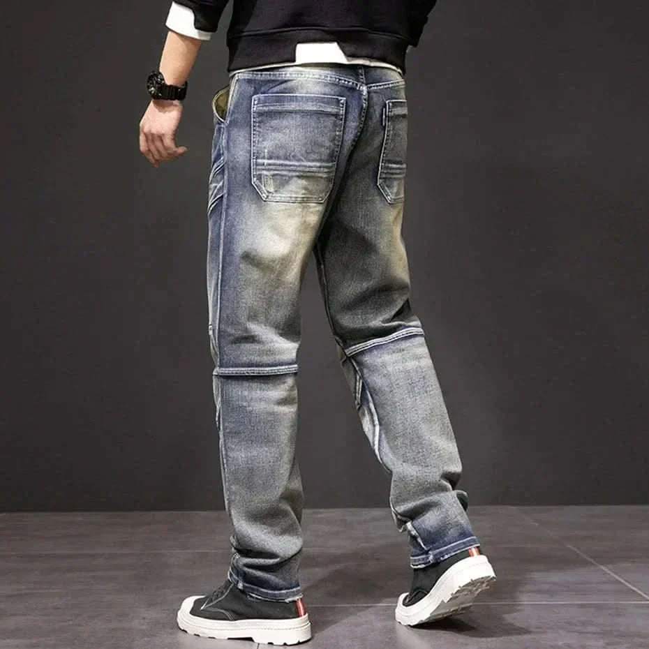 Men denim straight leg cargo jeans with distressed vintage wash and contrast stitching