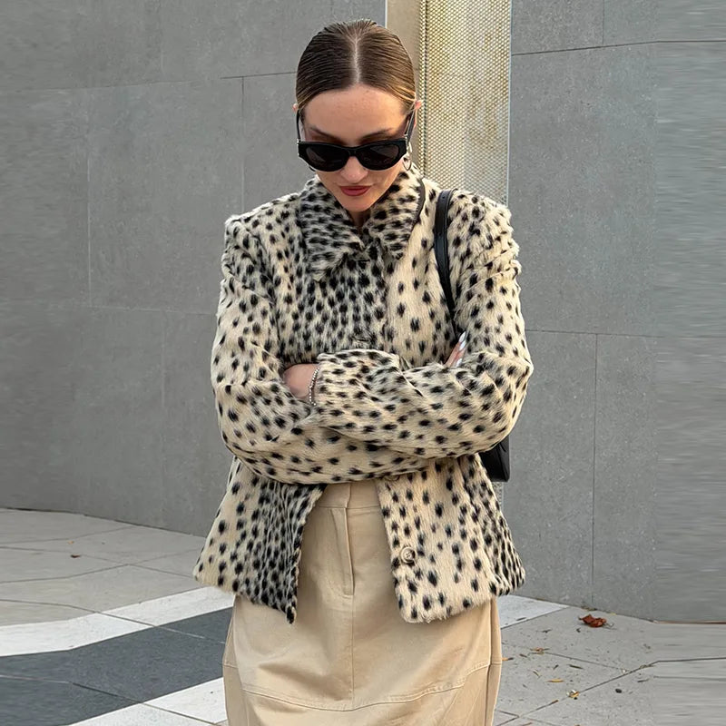 Womens leopard print coat with long sleeves and single breasted winter style