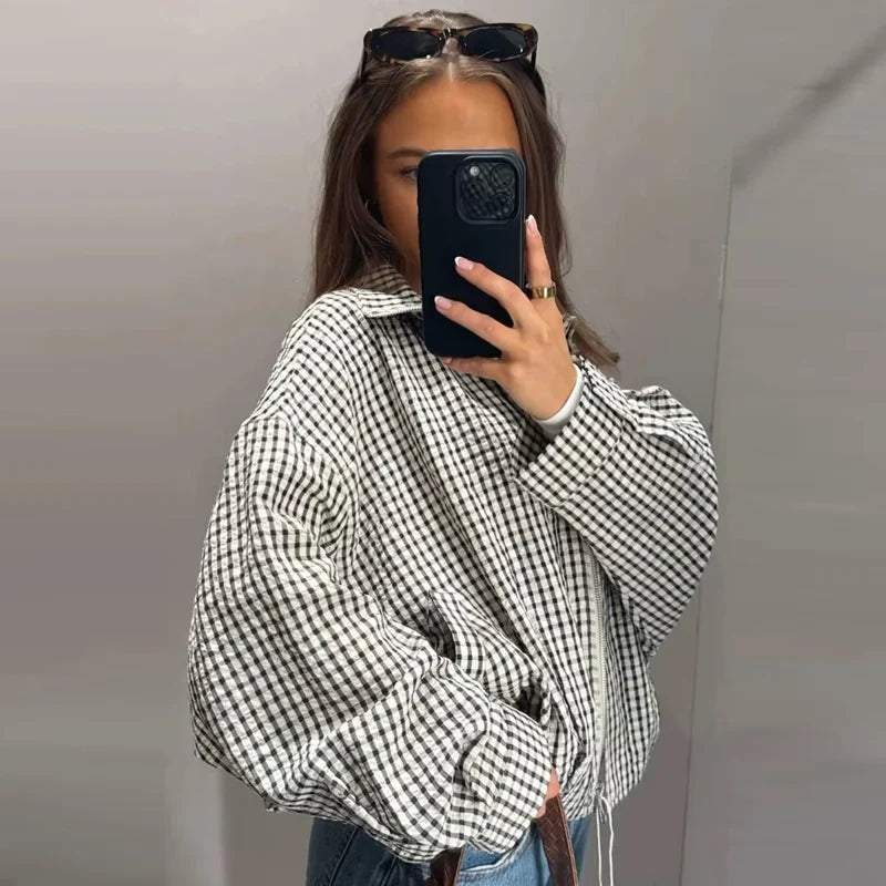 Women's Bomber Jacket | Oversize, Long Sleeve | Checkered, Spring Fall