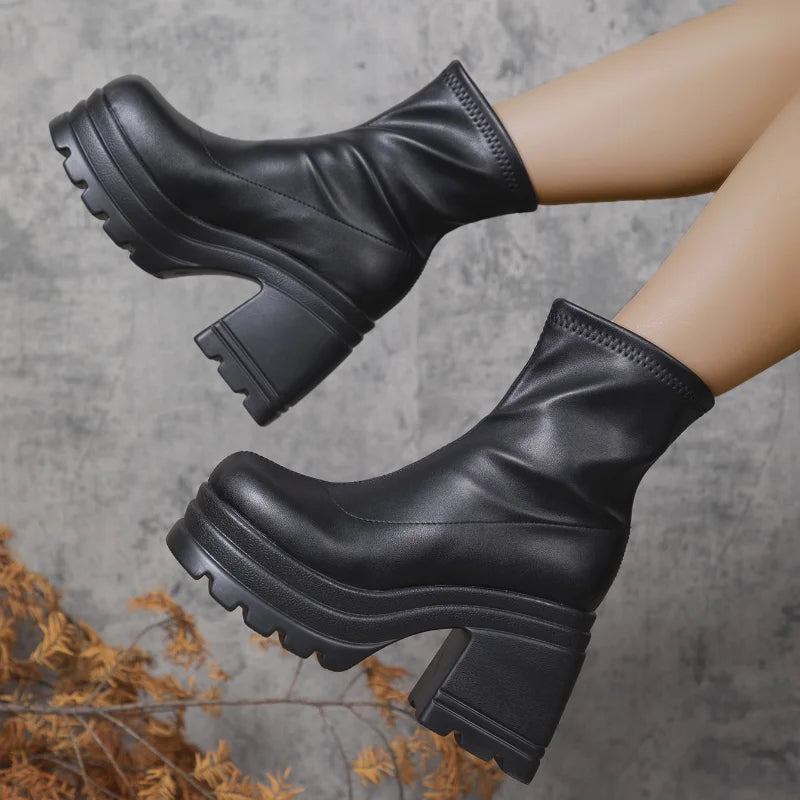 Women's Ankle Boots | Black Leather, Square Toe, High Heel