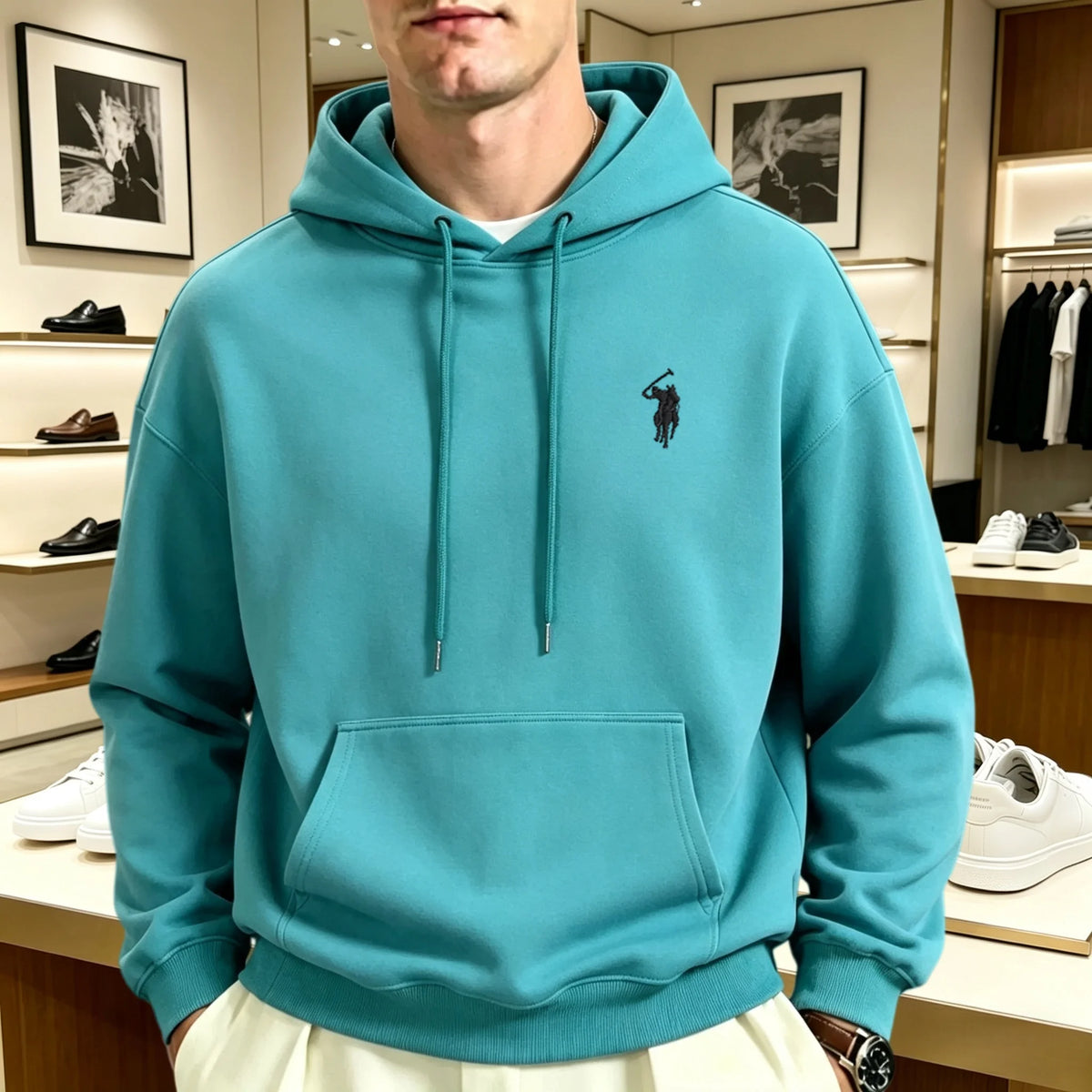 Unisex heavyweight embroidered hoodie loose fit pullover with animal motif