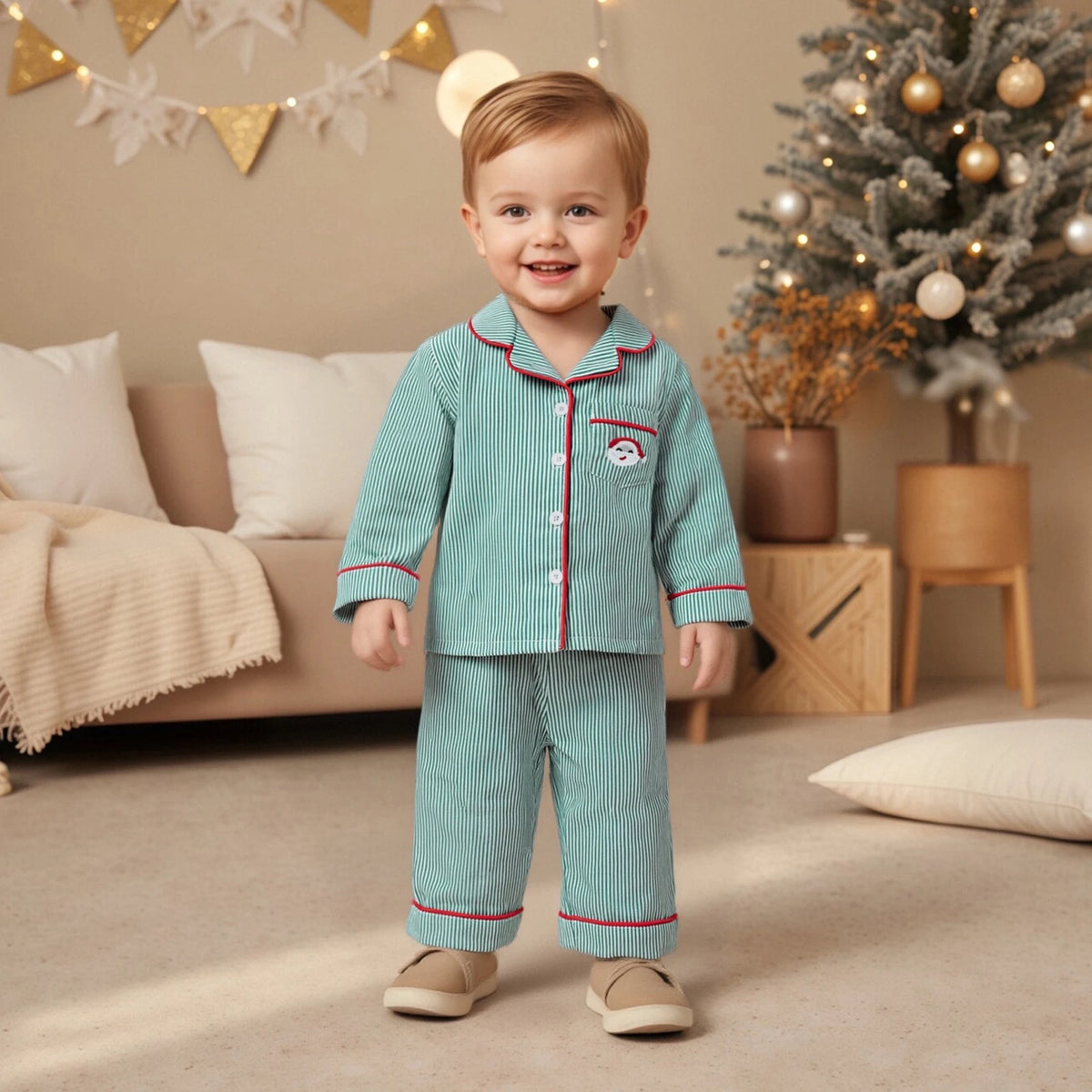Kids Christmas Pyjamas | Striped Long Sleeve Top, 2 Piece Festive Set