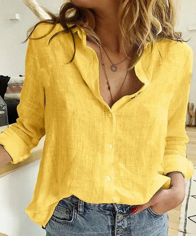 Women's Linen Blouse | Button-Down Bird Print, Long Sleeve