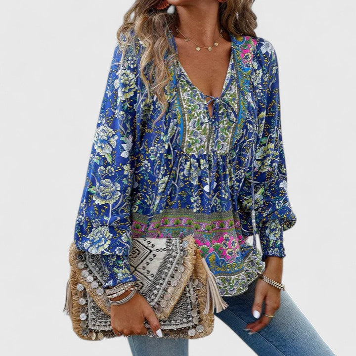Women's Linen Blouse | Floral Boho, V-Neck Puff Sleeve