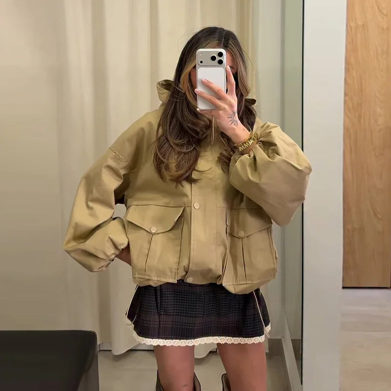 Women bomber jacket with wide sleeves and stand collar