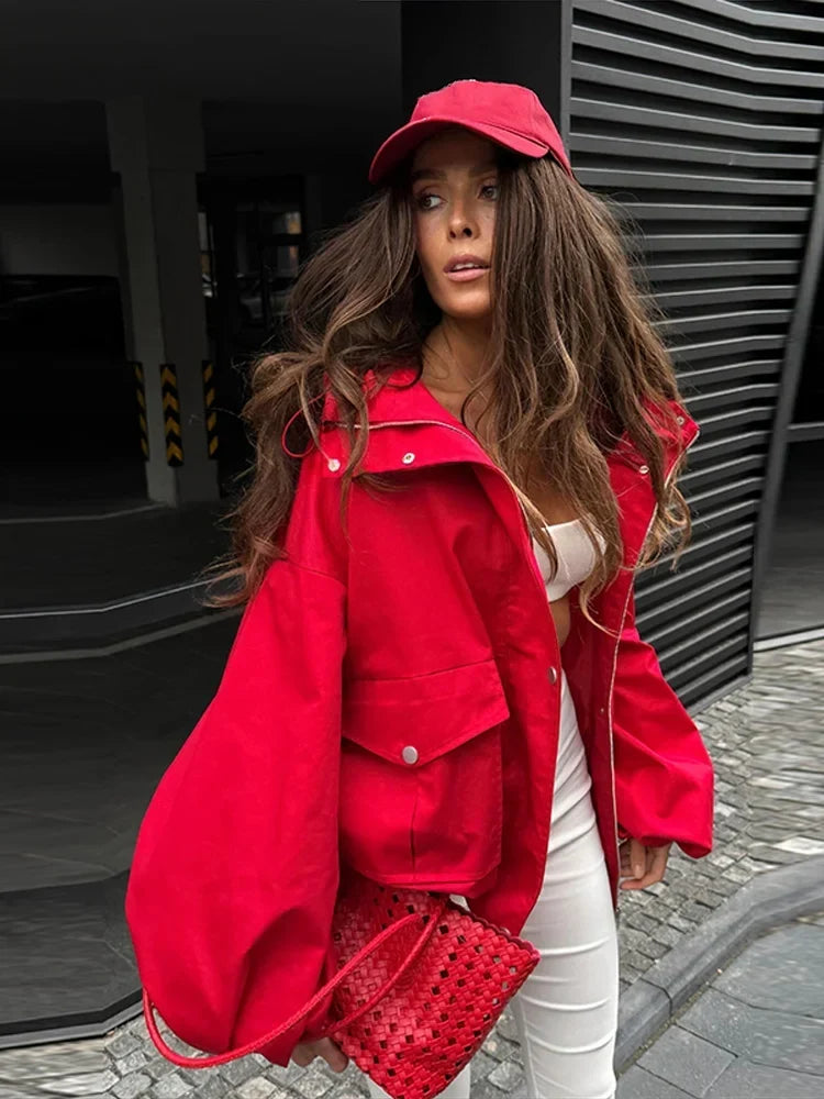 Women bomber jacket with wide sleeves and stand collar
