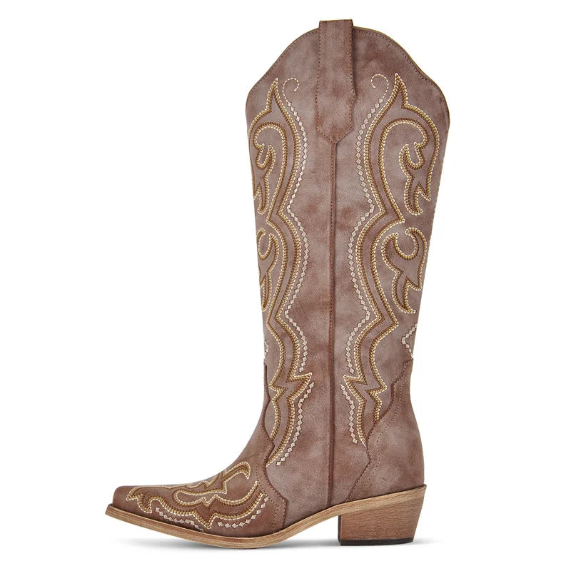 Women's Cowboy Boots | Knee High, Western Embroidery, Thick Heel