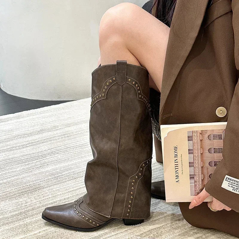Womens knee high cowboy boots with square heel and retro style