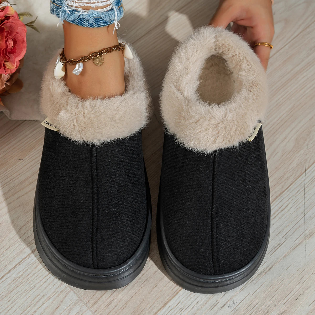 Women slipper boots fuzzy warm indoor anti-slip flat pull-on