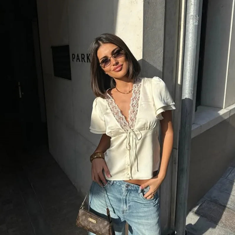 Women's Lace Top | V-Neck, Short Sleeves | Summer Satin Style