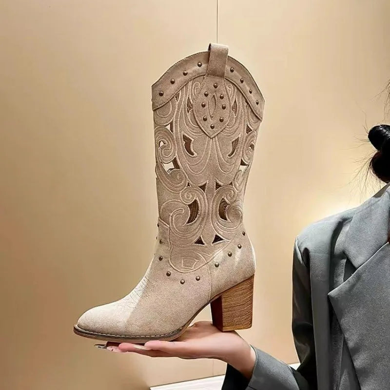 Womens knee high cowboy boots with chunky heel and embroidered detail