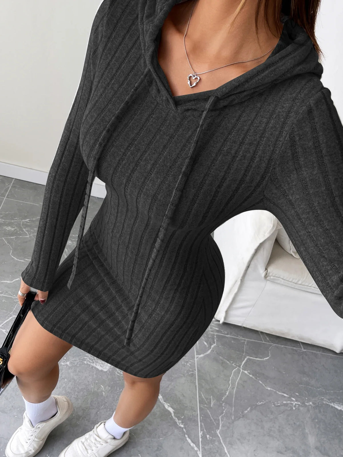 Knit Dress | Women's Ribbed, Hooded Style | Slim Fit, Knee Length