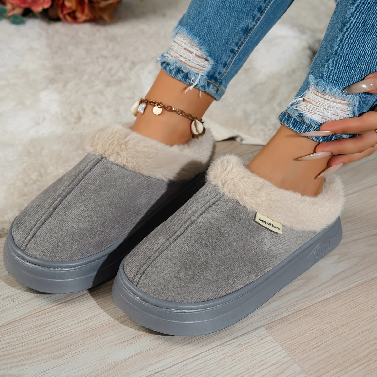 Women slipper boots fuzzy warm indoor anti-slip flat pull-on